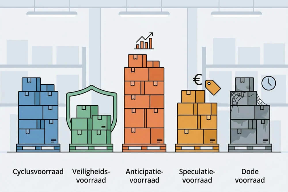 Illustratie de de vijf verschillende soorten voorraad dans un entrepôt