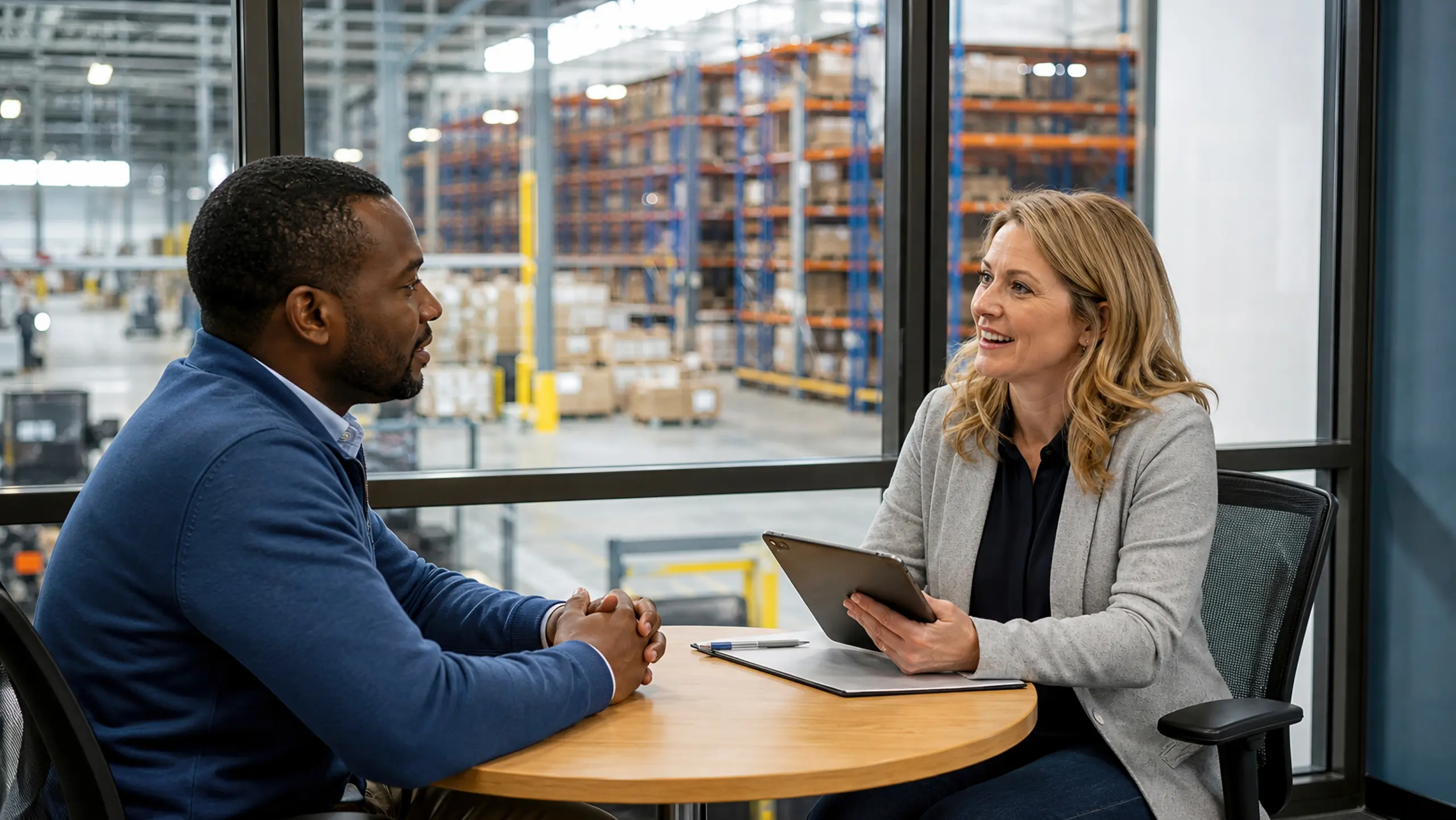 Professional woman with tablet interviewing black male job candidate or partner in an office