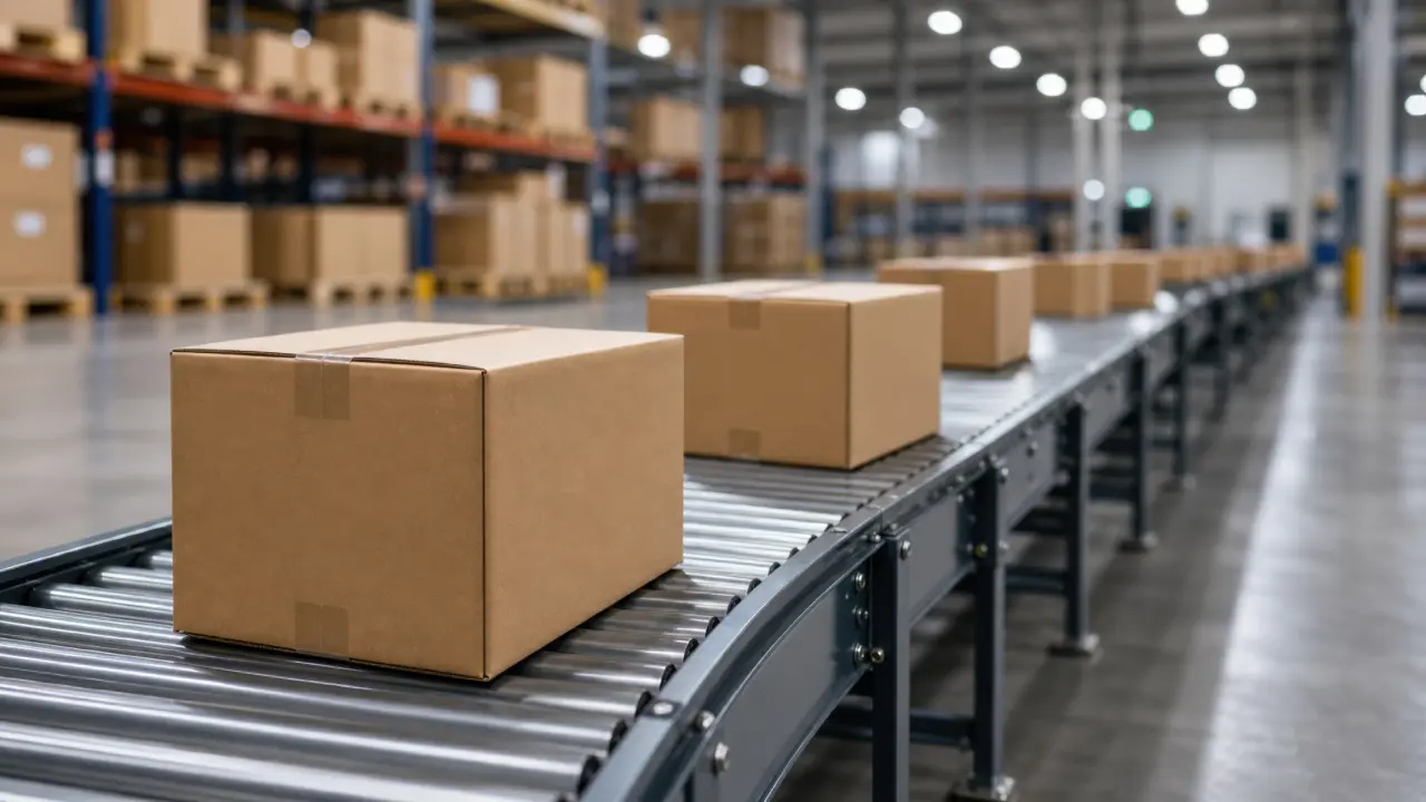 Boxes moving on a conveyor belt in a warehouse during the daytime for sorting